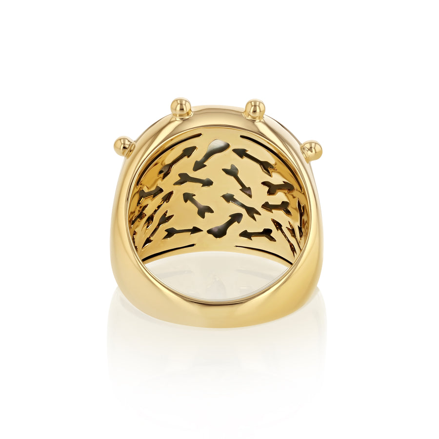 Inside detail of the yellow gold ring showing multiple arrow cut outs