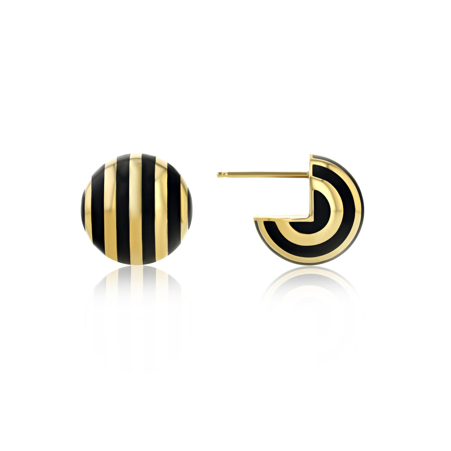 Rachel Quinn Jewelry 14k yellow gold sphere ball earring pair with black vertical stripes on white background