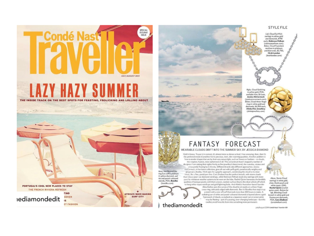 Conde Nast Traveller featuring cloud inspired jewelry next to an illustration of a poolside furniture in pink and cream.