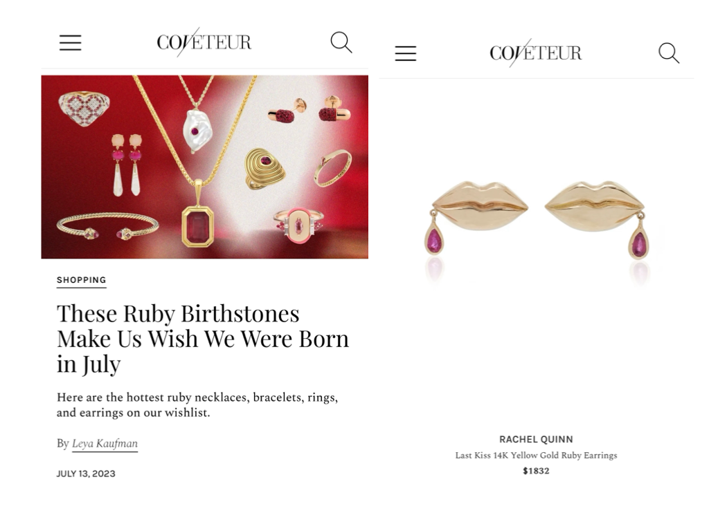 Coveteur article featuring gold and ruby jewelry against a red background alongside Rachel Quinn gold and ruby Last Kiss lip earrings.