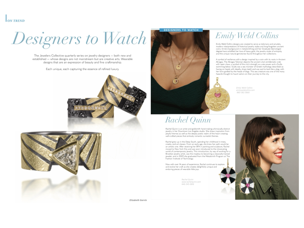Designers to Watch article featuring gold and gemstone jewelry, a close-up of a woman wearing two gold medallion pendants, and a profile portrait of Rachel Quinn against a gray background.