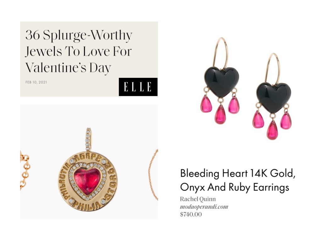 Elle magazine Valentine's Day feature with gold and gemstone heart charm and Rachel Quinn's onyx and ruby heart earrings against a white background.
