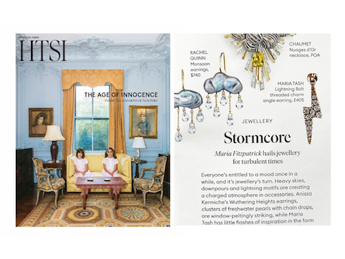 Financial Times How to Spend It article featuring examples of storm-inspired fine jewelry next to a photo of a living room scene with two young girls sitting on a yellow sofa.