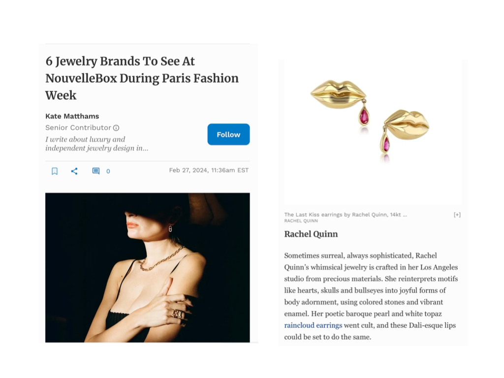 Screenshot of Forbes article featuring Rachel Quinn gold and ruby Last Kiss earrings alongside a shadowed portrait of a woman wearing jewelry.