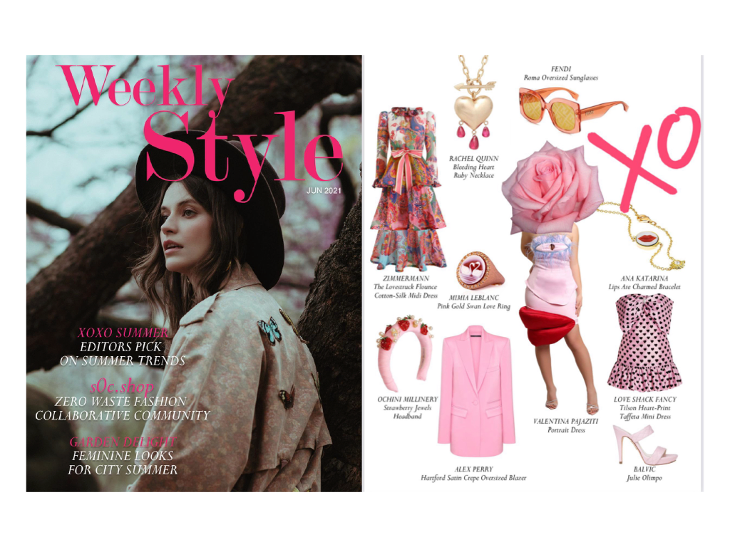 Weekly Style press feature of a variety of clothing and accessories in shades of pink along side a photo of a woman in the woods wearing a hat and coat.