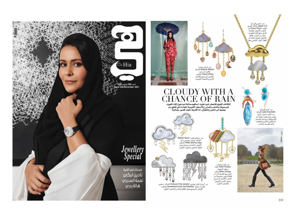 HAI Magazine feature of storm- and cloud-inspired jewelry alongside a woman wearing a watch and black-and-white clothing against a black-and-white background.