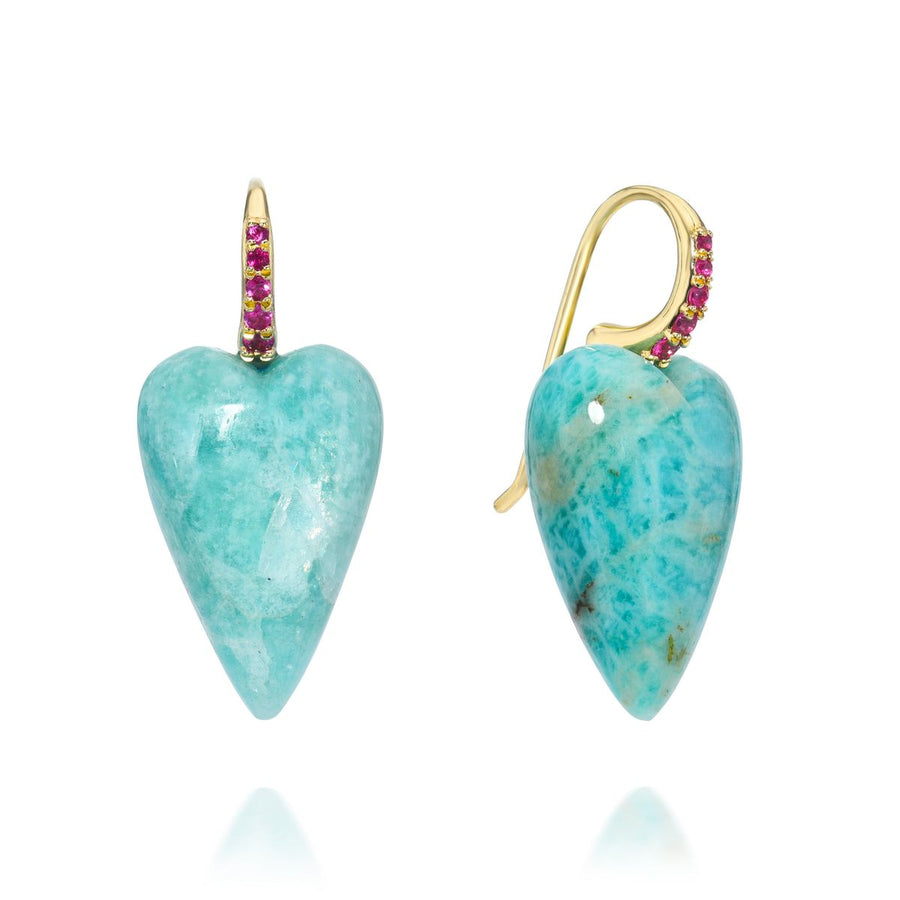 Rachel Quinn Jewelry amazonite 3-dimensional heart earring pair magenta sapphires on earring hoop on white background.