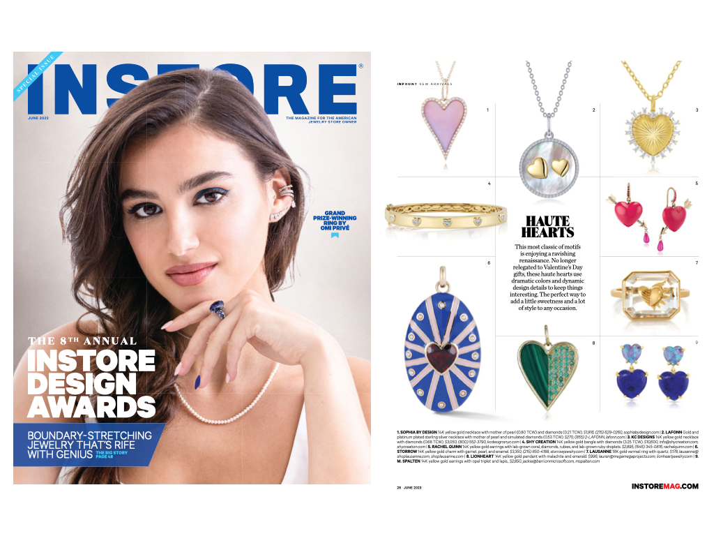 Instore Magazine feature of heart jewelry designs alongside a photo of a woman wearing a pearl necklace and blue gemstone ring against a neutral background.