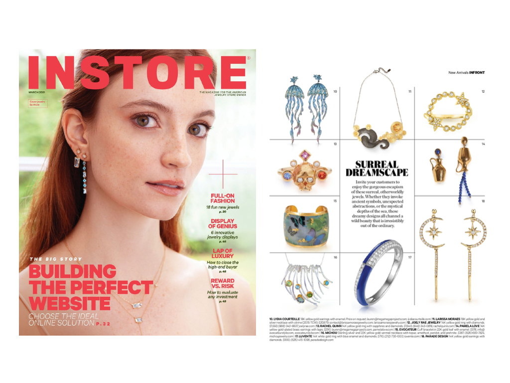 Magazine feature of an array of gold and gemstone jewelry  next to a photo of a woman against a green and white background.