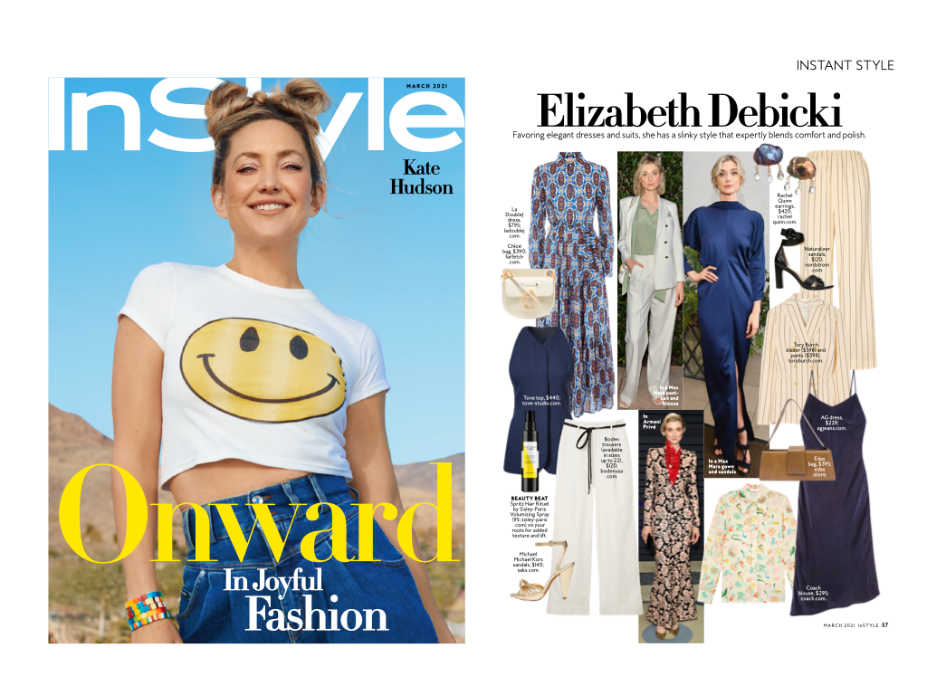 Instyle magazine feature of mixed clothing and accessories next to a photo of a woman wearing a white t-shirt with a yellow smiley face against a blue sky.