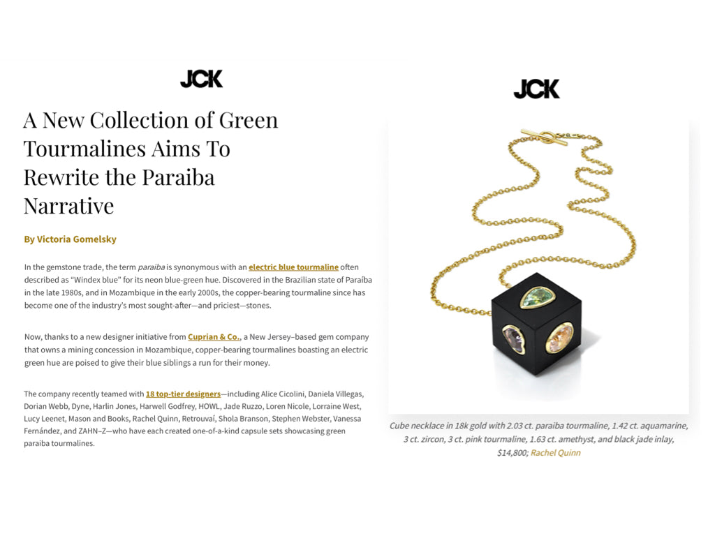 JCK magazine article announcing the collaboration of tourmaline company Cuprian & Co and talented jewelers featuring a photo of a gold, onyx, and gemstone necklace by Rachel Quinn.