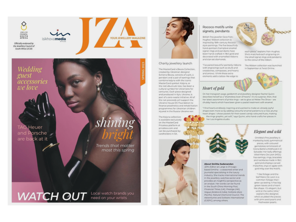 JZA article showcasing colorful gold enamel jewelry beside a photo of a woman in long black gloves against a pink background.