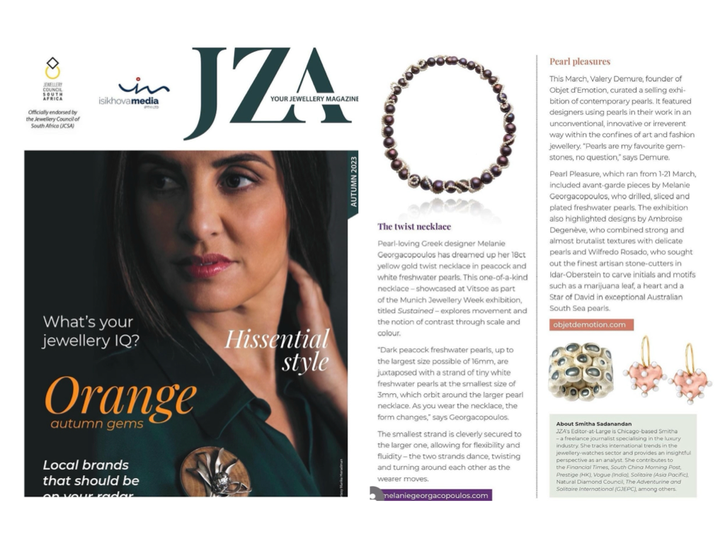 JZA article featuring pearl jewelry along side a closeup photo of a woman wearing a large brooch against a dark background