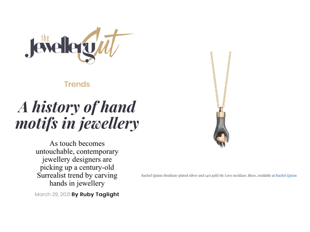 Jewelry Cut's history of hands in jewelry article featuring a photo of Rachel Quinn's gold and silver heart in hand pendant necklace.