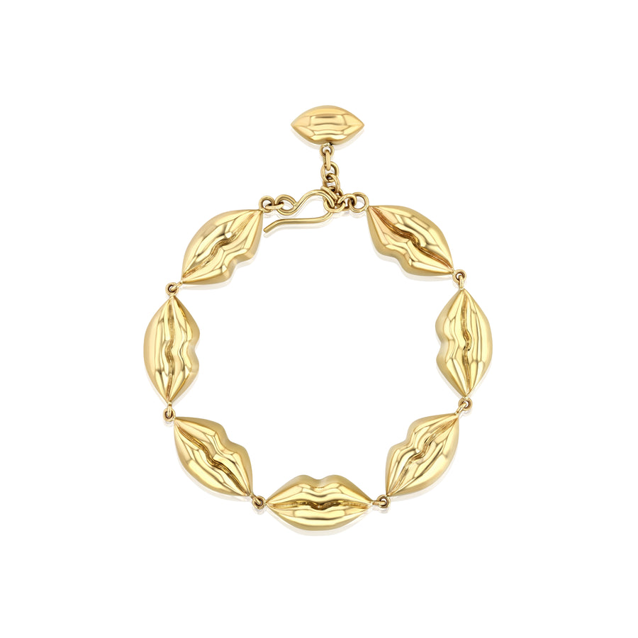 Rachel Quinn Jewelry 14k yellow gold connecting lips bracelet on white background.