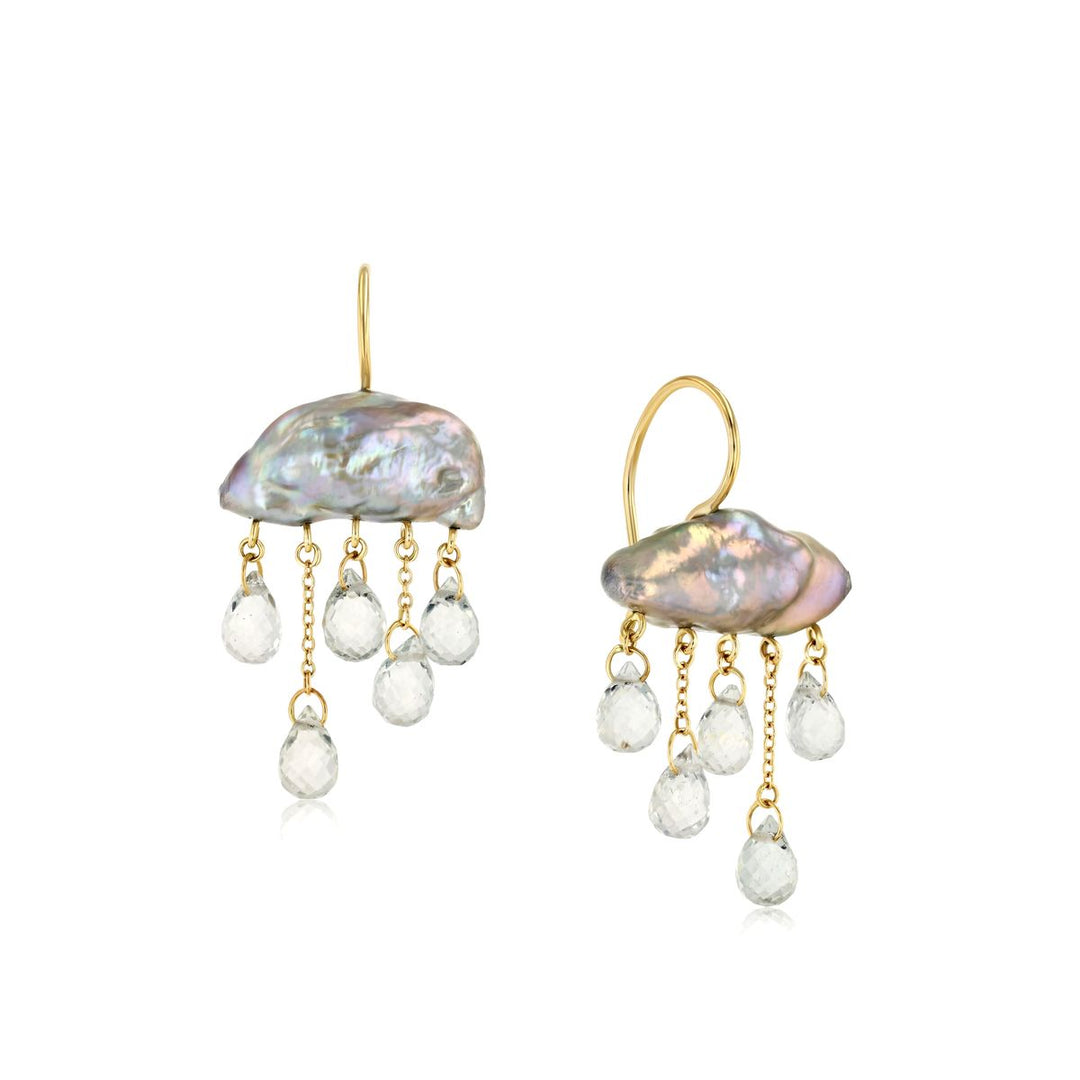 keshi pearl elongated puffy cloud shape earrings with 5 small tear drop white topaz raining down underneath on yellow gold ear wires