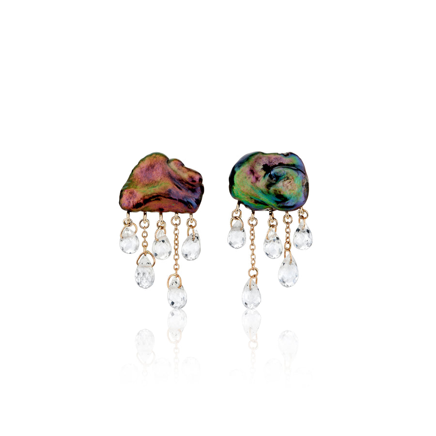 metallic green, orange and blue cloud-shaped earrings on white background with 5 pear-shaped clear gemstone raindrops dangling below each