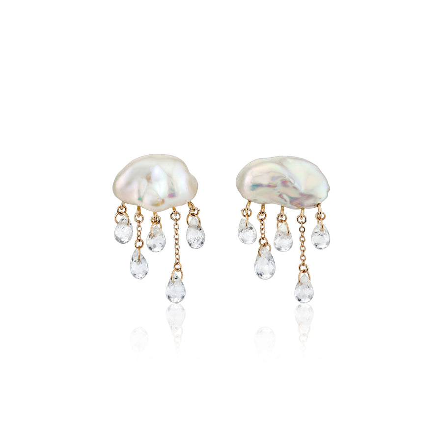 white cloud-shaped pearl earrings on white background with 5 pear-shaped clear gemstone raindrops dangling below each