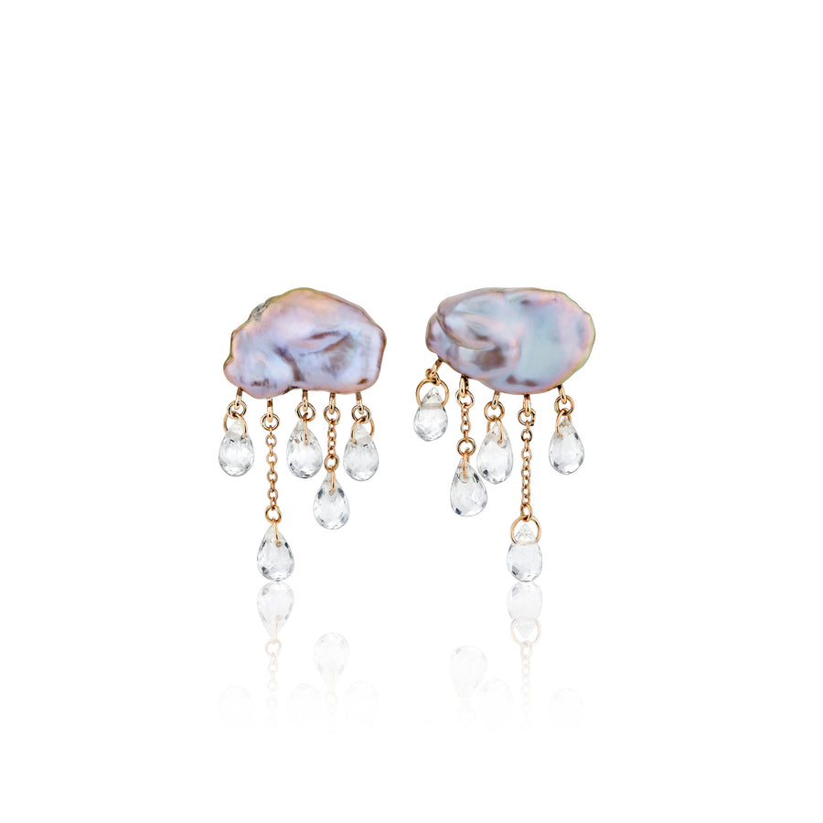 blue-grey cloud-shaped pearl earrings on white background with 5 pear-shaped clear gemstone raindrops dangling below each