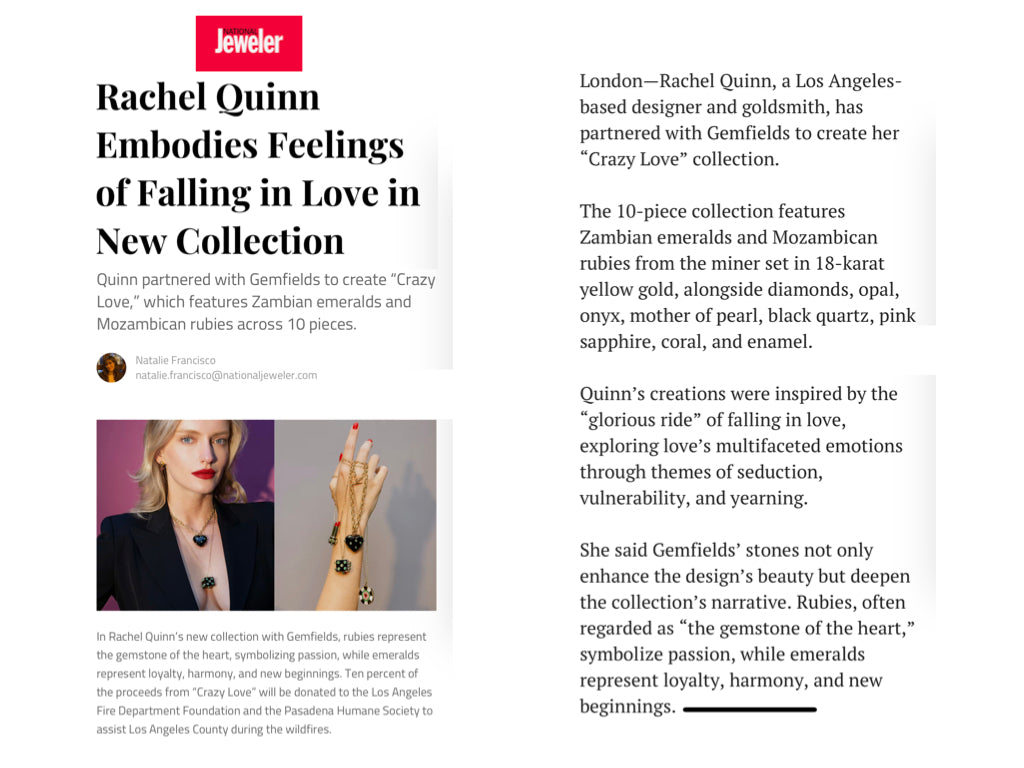 Magazine feature for Rachel Quinn's Crazy Love Collection with photos of a woman in a black blazer wearing gold, onyx, and emerald necklaces and a hands with multiple necklaces hanging from it.