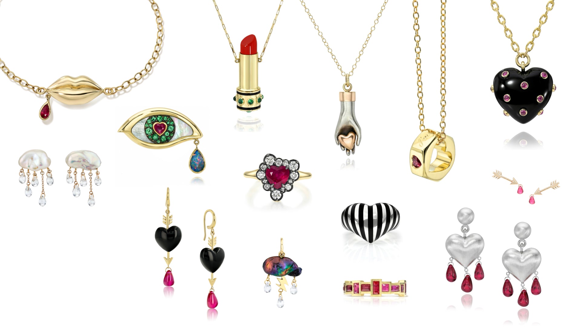 collage of new pieces of Rachel Quinn's Jewelry on a white background