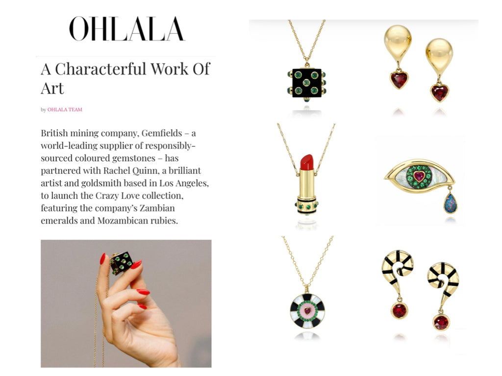 Magazine article about Gemfields and Rachel Quinn's Crazy Love Collection showing multiple gold, ruby, and emerald jewelry as well as a hand holding a gold, onyx, and emerald dice necklace.