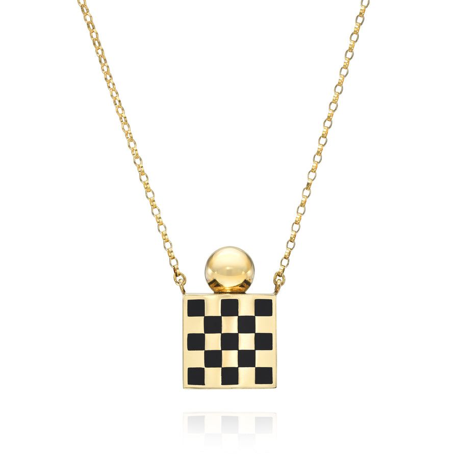 Rachel Quinn Jewelry 14k yellow gold black checkered square vessel box necklace gold chain with gold screw ball top.