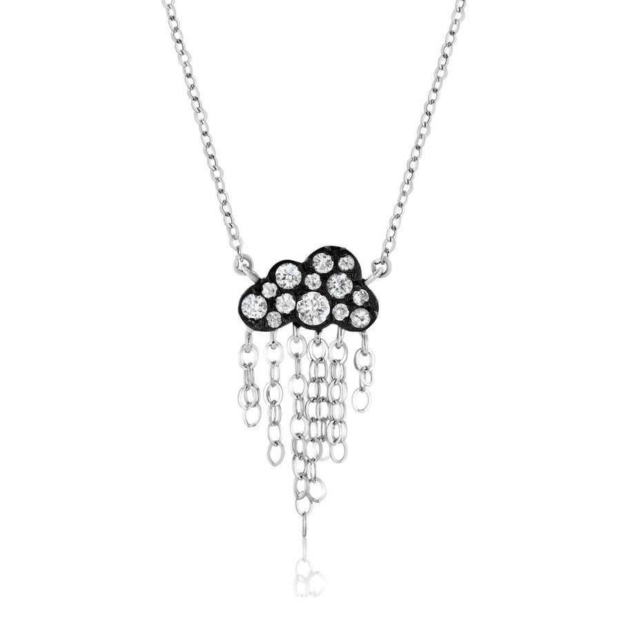 Rachel Quinn Jewelry black cloud shaped necklace with pave white sapphires on cloud and dangling chains.