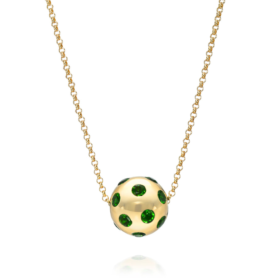 Rachel Quinn Jewelry Polka Dot Sphere Necklace chrome diopside set all around on gold chain on white background