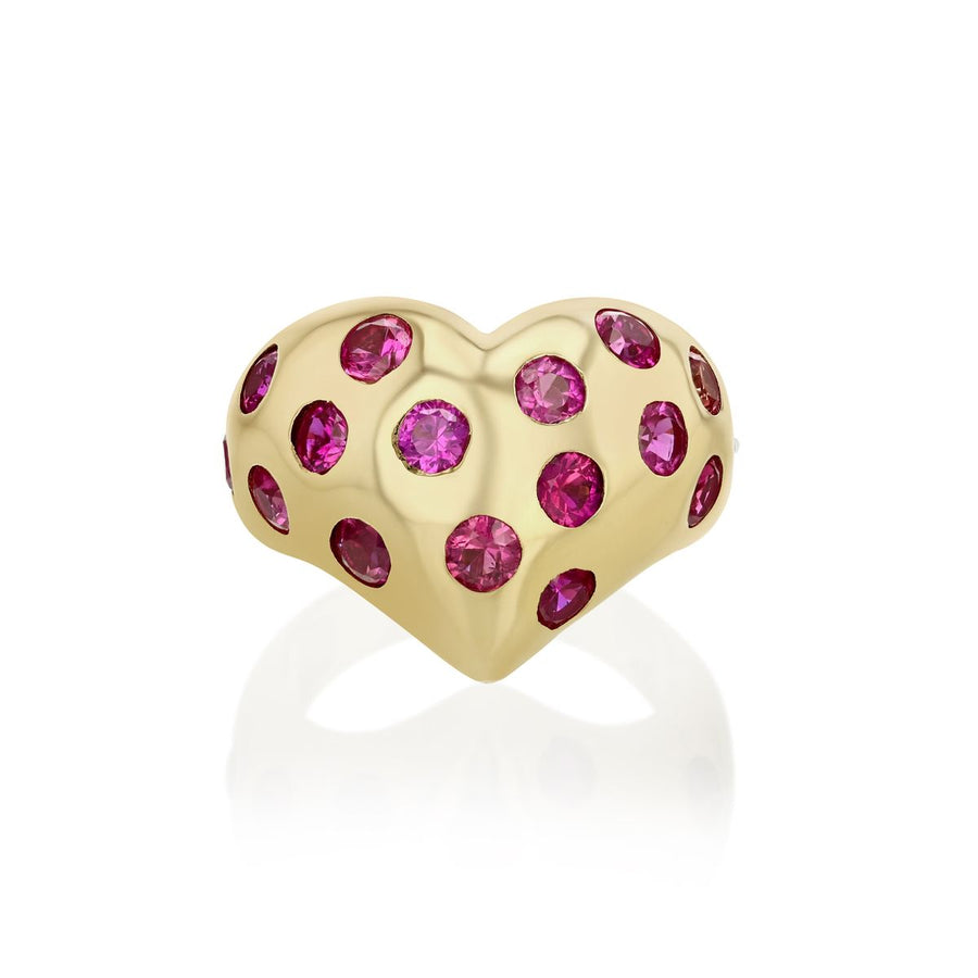 Rachel Quinn Jewelry Chubby Heart Ring in yellow gold with inlay magenta sapphire polka dots.
