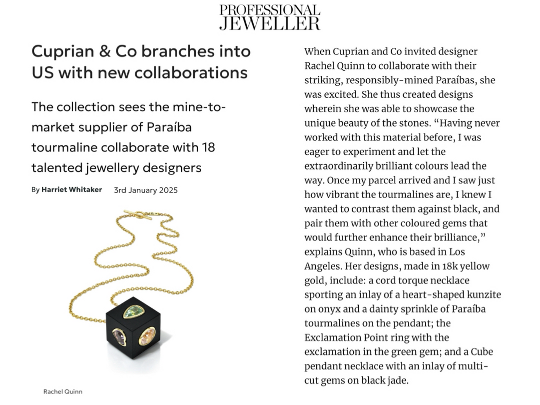 Professional Jeweler magazine article announcing the collaboration of tourmaline company Cuprian & Co and talented jewelers featuring a photo of a gold, onyx, and gemstone necklace by Rachel Quinn.