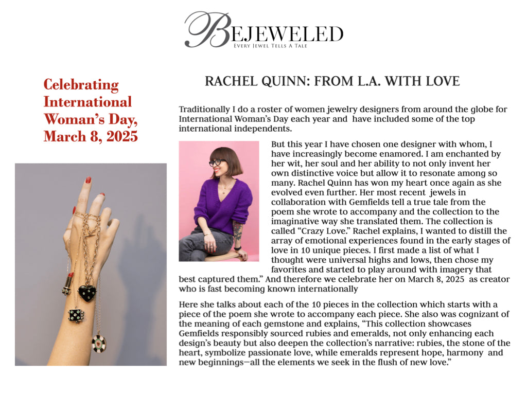 Article featuring Rachel Quinn with a photo of a hand with multiple necklaces hanging down against a grey background
