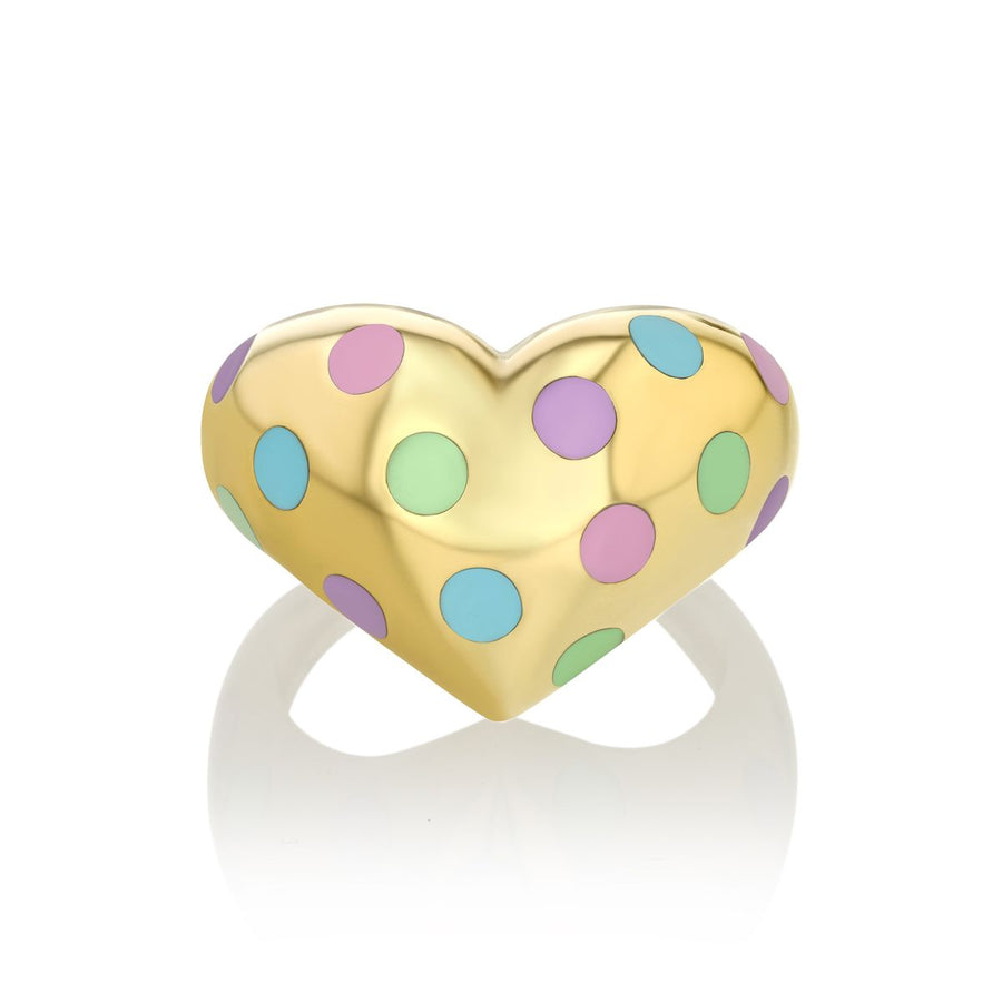 Rachel Quinn Jewelry Plump Heart Ring with enamel pastel inlay polka dots.