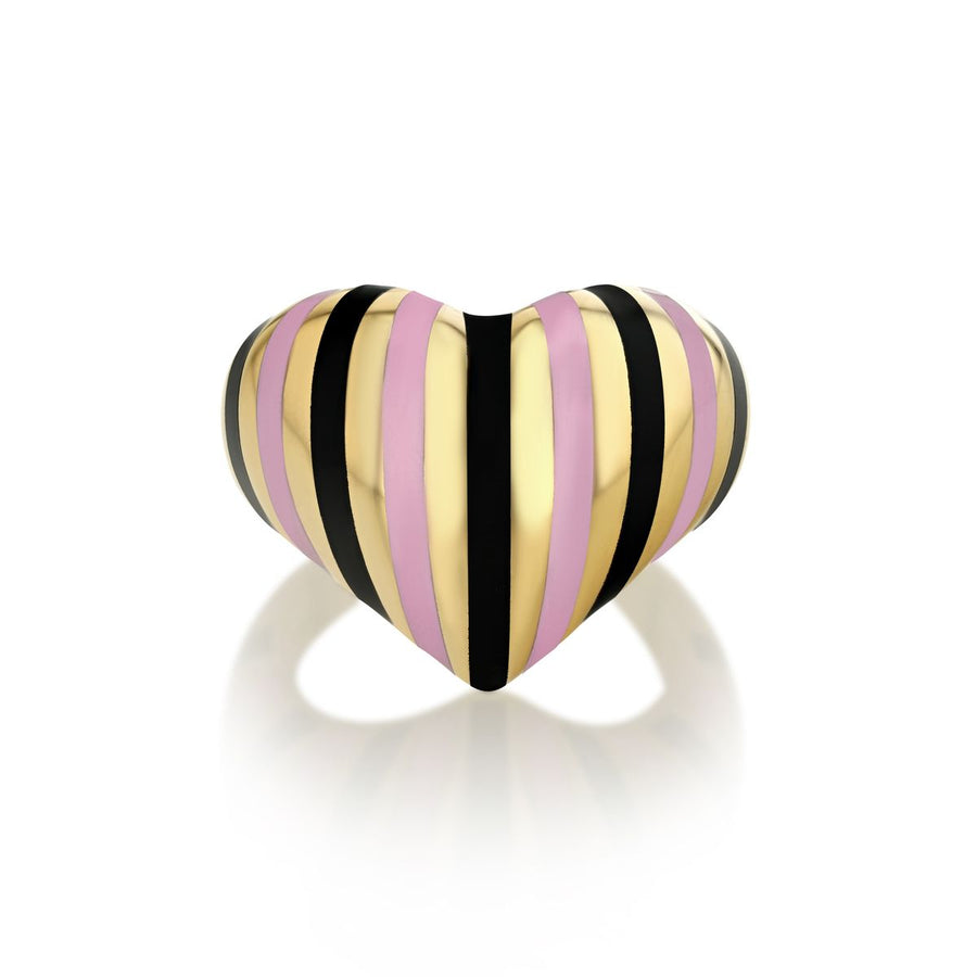 Rachel Quinn Jewelry Chubby Heart Ring in yellow gold with black and pink striped enamel inlay.