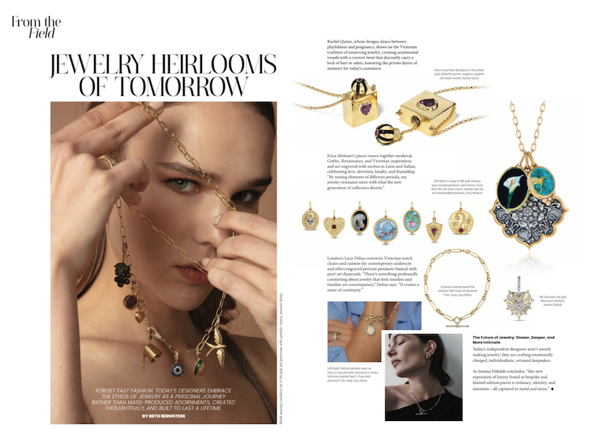 Magazine spread featuring an array of gold jewelry with a focus on 'Jewelry Heirlooms of Tomorrow' with a woman holding a gold charm necklace up to her face.