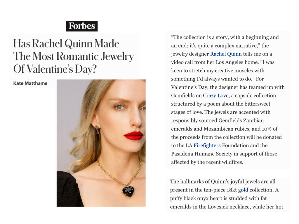 Forbes Valentine's Day feature for Rachel Quinn Crazy Love Collection with a closeup of a woman wearing a gold, onyx, and emerald necklace and a gold and ruby earrings