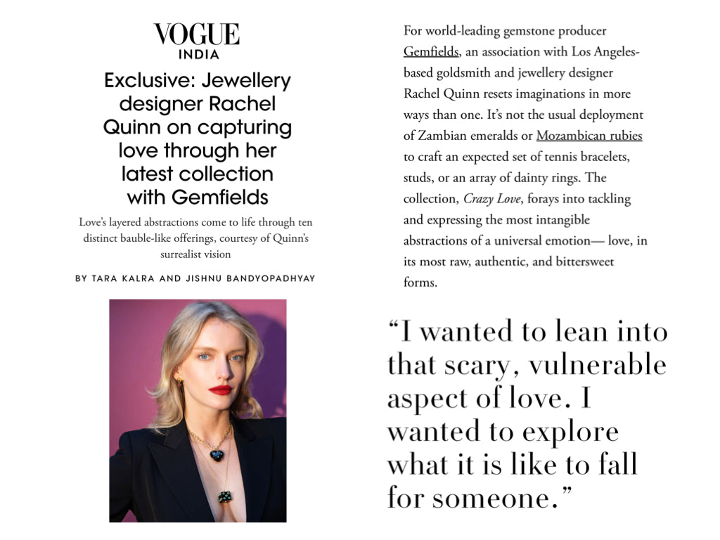 Vogue India article featuring Rachel Quinn and Gemfields  fine jewelry collaboration using gold, rubies, and emeralds. A photo of a beautiful woman in a black blazer wearing gold, onyx, and emerald necklaces. 