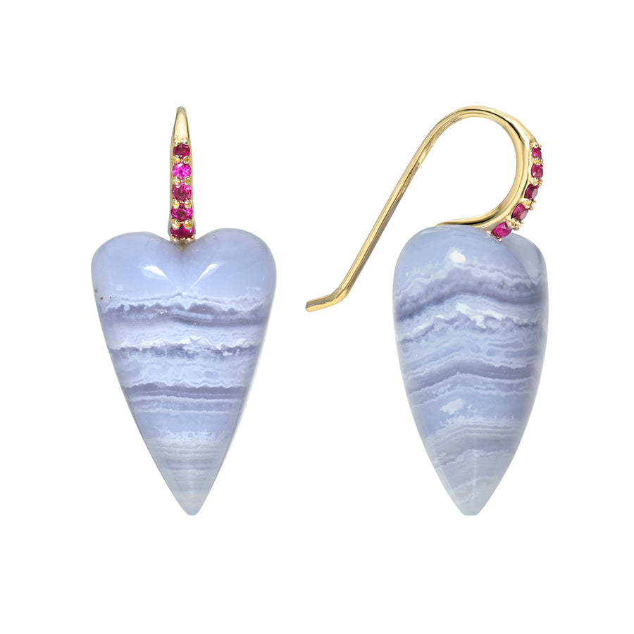 A pair of Rachel Quinn gold and blue lace agate heart-shaped drop earrings with pink sapphire accents on the hooks, shown against a plain white background.