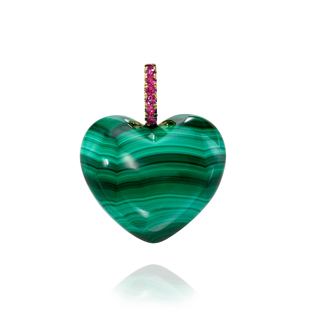 Malachite stone heart charm with pink gemstone bail against a white background
