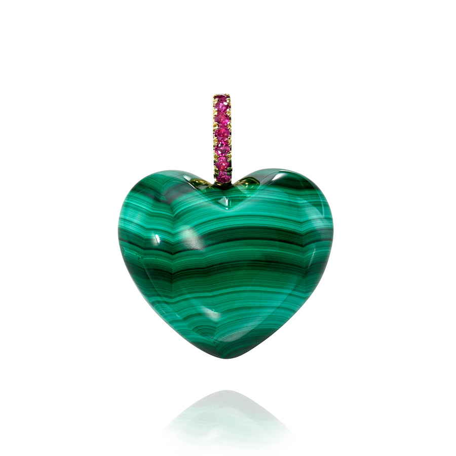 Malachite stone heart charm with pink gemstone bail against a white background