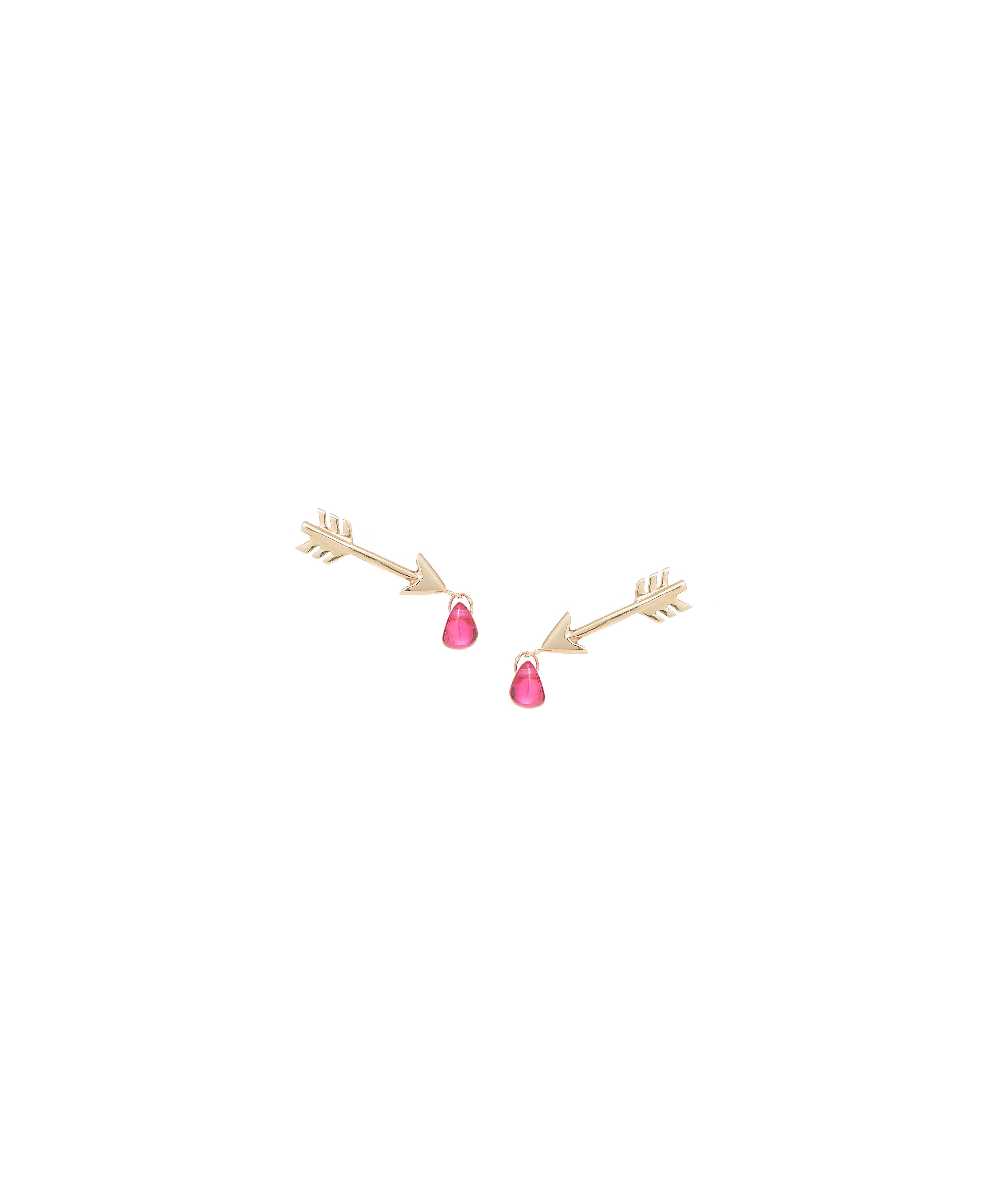 Gold arrows with droplets of red gemstone blood dangling from tips against a white background.