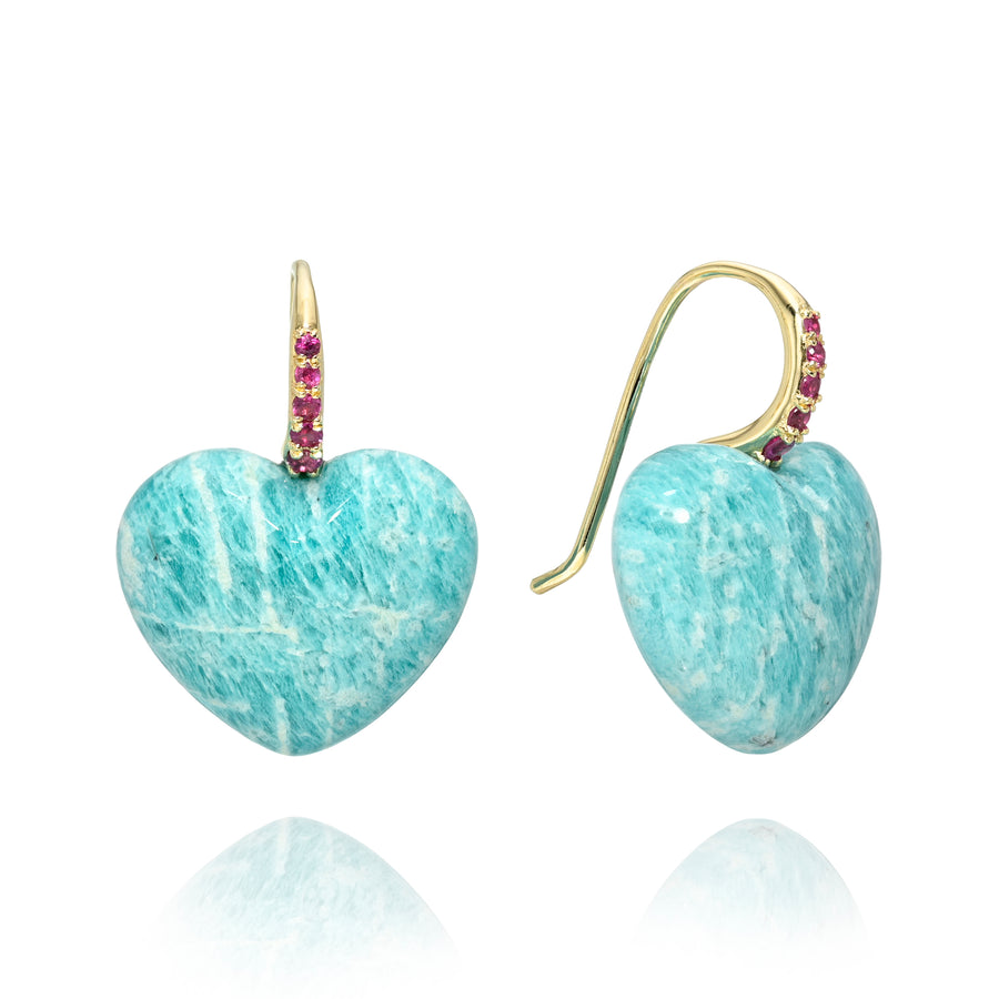 A pair of Rachel Quinn heart drop earrings made of light blue amazonite stone with gold hooks and pink sapphire stone accents, shown on a white background with a faint reflection below.