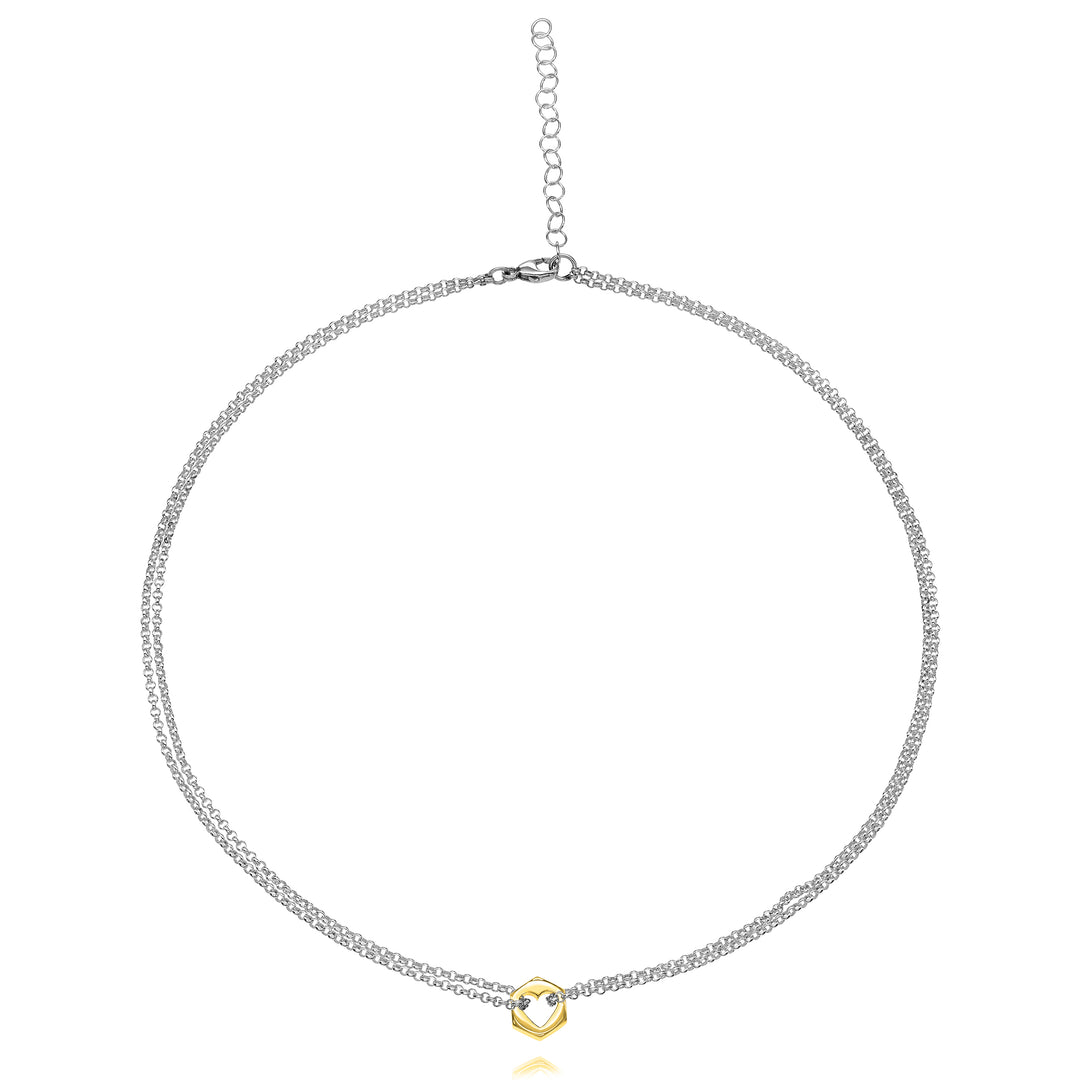 Yellow gold hex nut pendant necklace with a heart-shaped cut out in center with silver chain looped through either side, on a white background