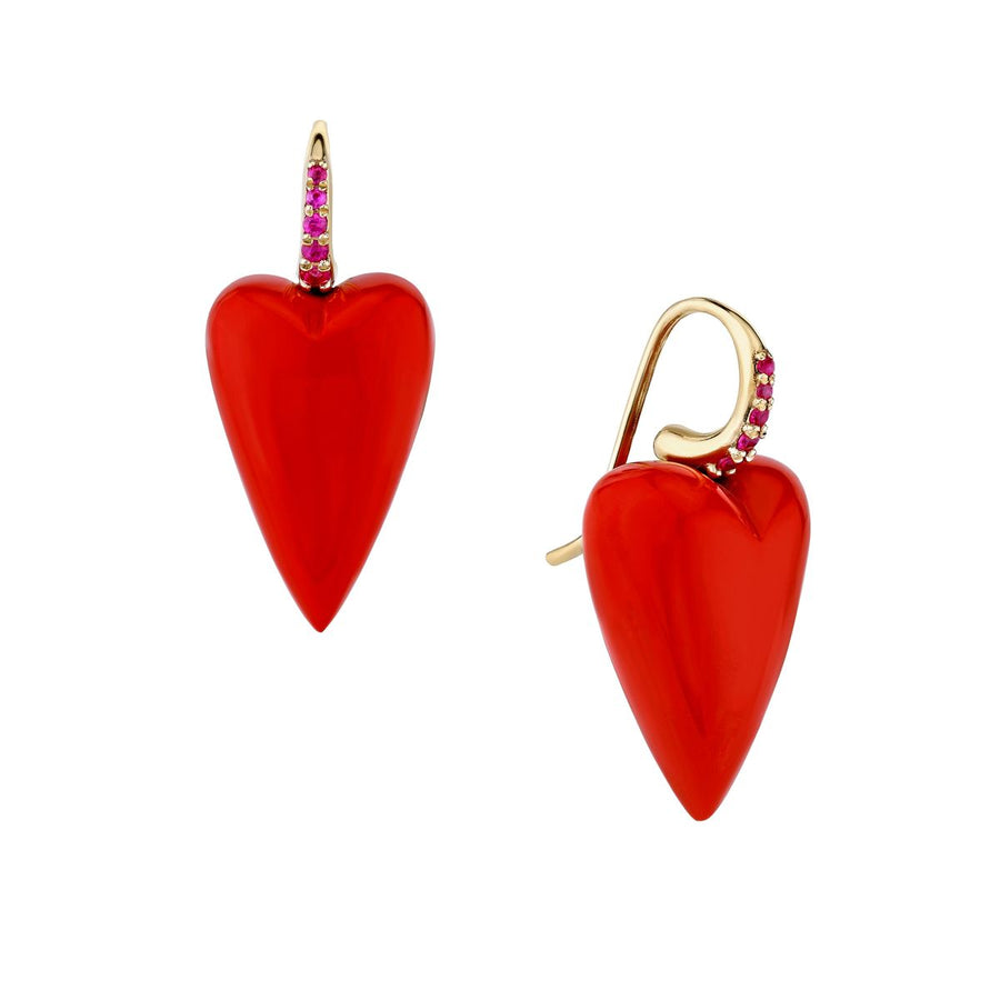 Rachel Quinn Jewelry coral 3-dimensional heart earring pair magenta sapphires on earring hoop on white background.