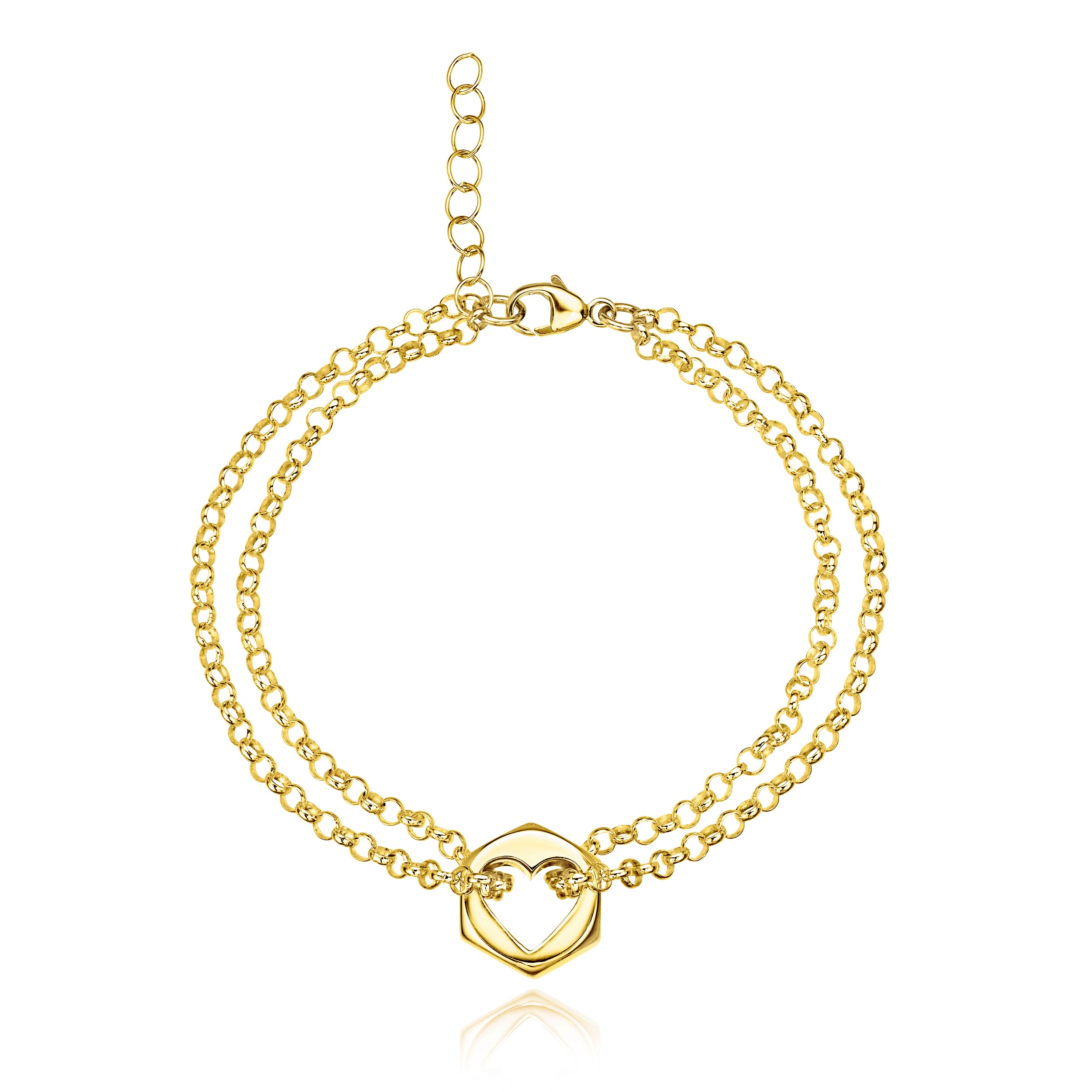 Gold chain bracelet with a heart-shaped hex nut charm on a white background