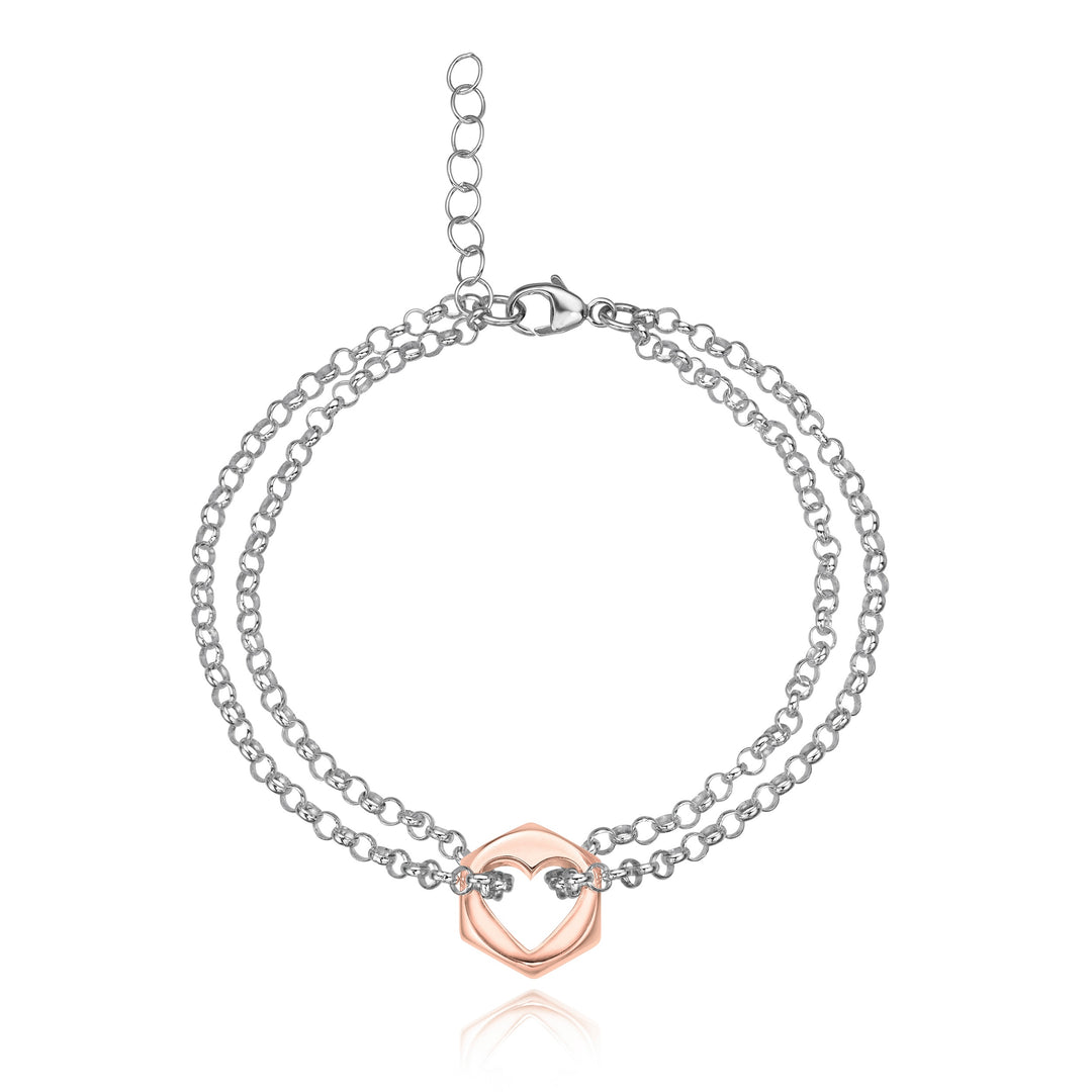 Rose gold hex nut charm bracelet with a heart-shaped cut out in center  on a white background