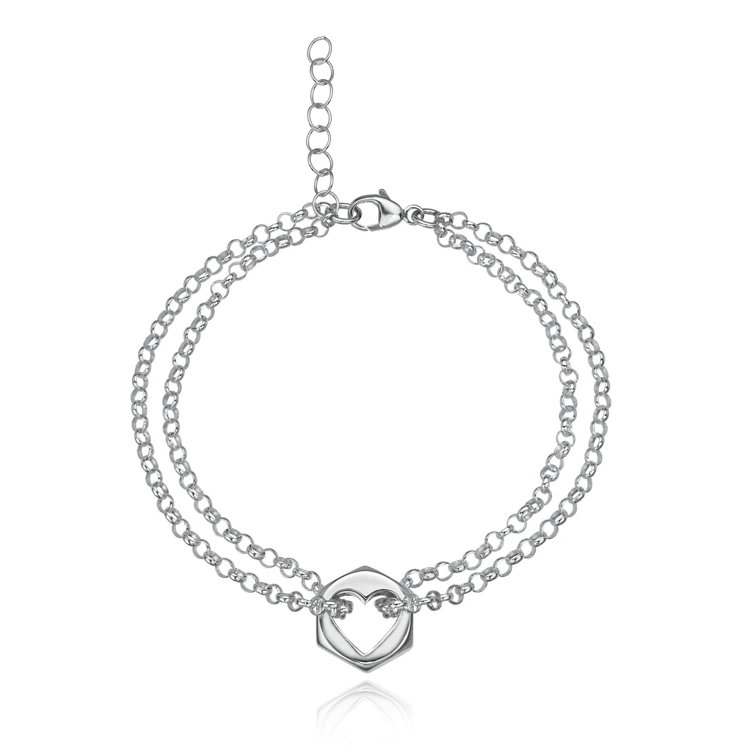 Silver hex nut charm bracelet with a heart-shaped cut out in center  on a white background