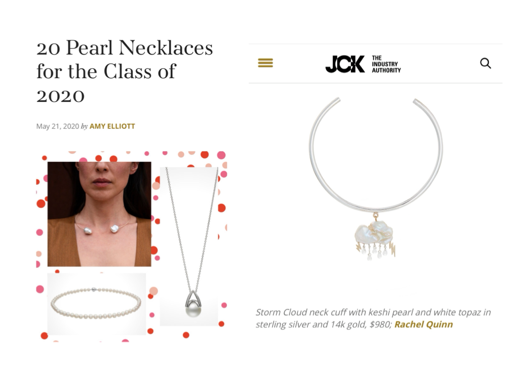 JCK magazine pearl jewelry featuring a pearl storm cloud neck cuff by Rachel Quinn next to a few other examples of pearl jewelry.