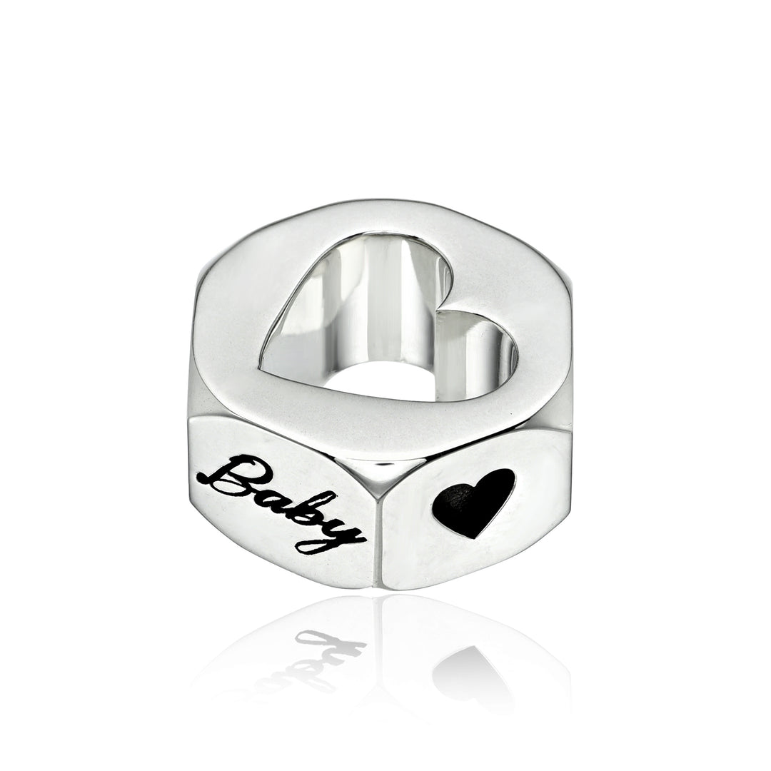 Silver hex nut charm with 'Baby' and heart design on a white background