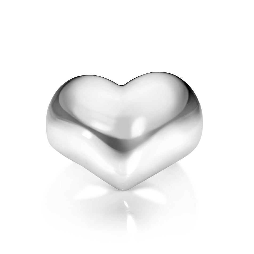 Silver heart ring against a white background